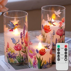 AFINETH Glass Flameless Candles with Remote, Hummingbird Floral Battery Operated Candles, Flickering LED Pillar Candle for Wedding, Home, Party Gift, Set of 3