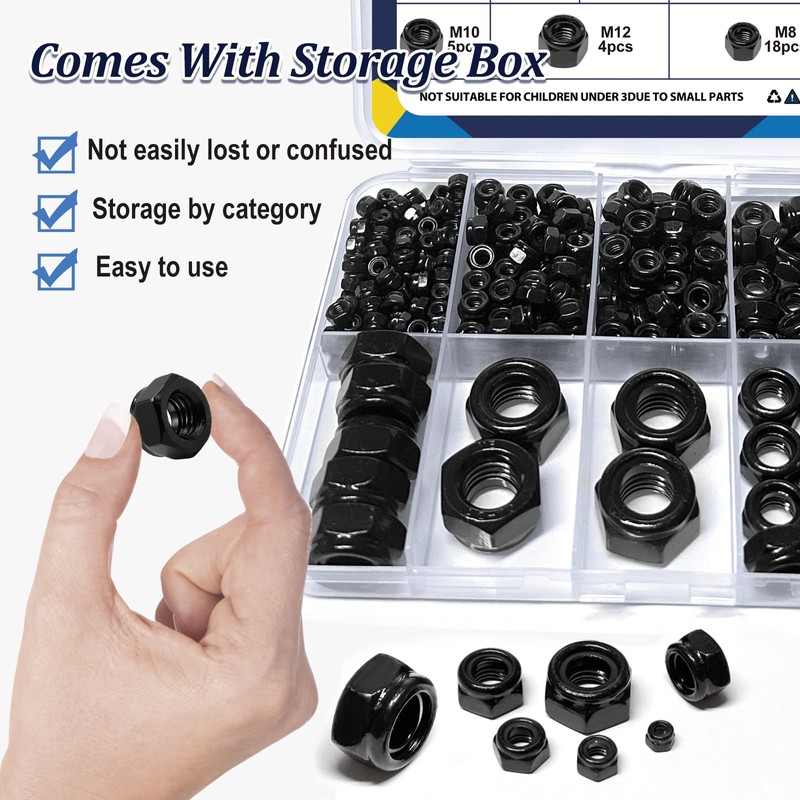ZQZ 180 Pack Black Locknuts Assortment Kit, M3 M4 M5