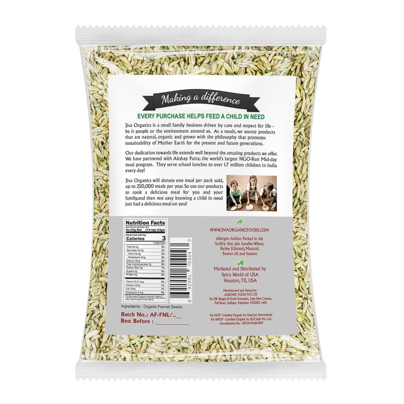Jiva Organic Fennel Seeds 7 Oz Bag - Non-GMO, Certified,