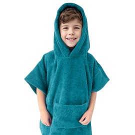 MissShorthair Kids Beach Poncho Towel with Hood, Swim Surf Changing Robe, Boys Girls Hooded Bath Towel 6-9 Years Colonial Blue