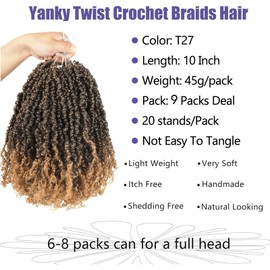 Datanala Yanky Twists Crochet Braiding Hair 10 Inch 9 Packs Crochet Hair with Curls Bohemian Passion Twists Crochet Hair Pre-looped Curly Crochet Braids Hair Extensions for Women (T27, 10inch)