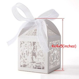 ponatia 25Pcs/Lot 4 x 4 inches Laser Cut Pearl Paper Party Wedding Favor Ribbon Candy Boxes Large Size Gift Box for Cupcake (White Birds)