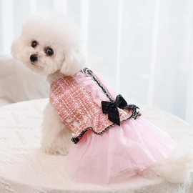 CELONROMF Girl Dog Dress Elegant Puppy Clothes for Small Dog with Leash Ring and Bow Cat Harness Tulle Dresses Cute Doggy Apparel Holiday Pet Clothing for Chihuahua Yorkshire (Pink, Large)