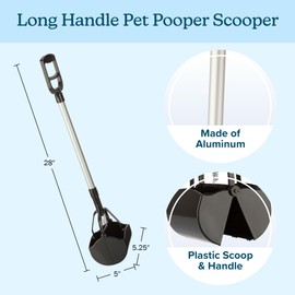 Pet Pooper Scooper - Plastic and Aluminum Cat and Dog Poop Grabber with Long Handle - Enables One-Handed Use on Concrete and Grass by PETMAKER (Black)