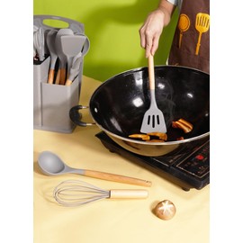 19 in 1 Kitchen Utensils and Knife Set with Storage, Include 11 Piece Silicone Cooking Utensils 5 Pcs Sharp Stainless Steel Chef Knives Scissors Whisk Tongs and Cutting Board GrEY