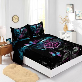 AILONEN Sugar Skull Fitted Sheet Set Queen Size,Romantic Skull Couple Rose Bed Sheet Set,Flower Skeleton Bone Black Sheet Set 4 Piece - 1 Flat Sheet,1 Fitted Sheet & 2 Pillowcases