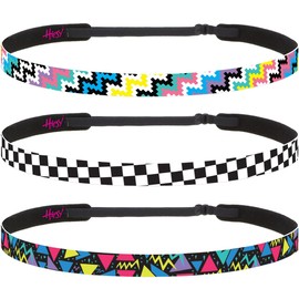 Hipsy 3-pack Women's 1980s Inspired 80s Retro 5/8" Skinny Headbands Hairbands for Women Girls & Teens (Black Triangles/Black Checkerboard/8 Bit Zigzag 3pk)