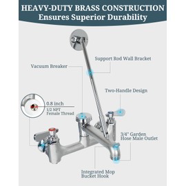 Phivan Commercial Mop Sink Faucet with Vacuum Breaker, Wall Mount Service Sink Faucet, 8 Inch Adjustable Center, Pail Hook, Heavy-Duty Brass Utility Sink Faucet for Restaurant/Garage/Industrial