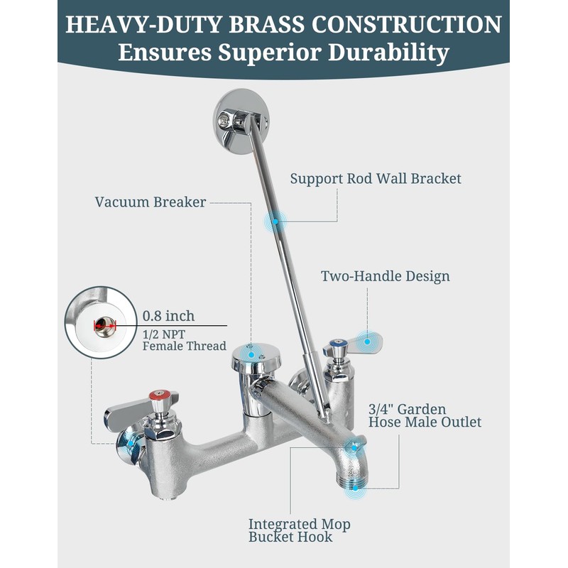 Phivan Commercial Mop Sink Faucet with Vacuum Breaker, Wall Mount