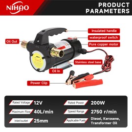 NIHAO 12V Diesel Fuel Transfer Pump Kit, Electric Self-Priming Transfer Pump with Automatic Shut-off Nozzle ＆ Hose for Diesel, Kerosene, Machine, Transformer Oil
