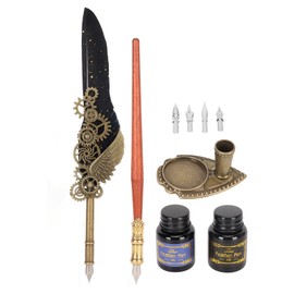 Quill Pen and Ink Set Retro Punk Gear Style Smoothly Writing Exquisite Feather Pen and Ink Set for Home School Office Black