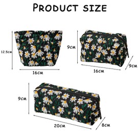 MUNSKT 3-Piece Daisy Print Cosmetic Bag Set for Women, 1 Rectangular Brush Organizer & 2 Size Square Pouches, for Makeup Pouch, Travel, Storage & Gift (Black)