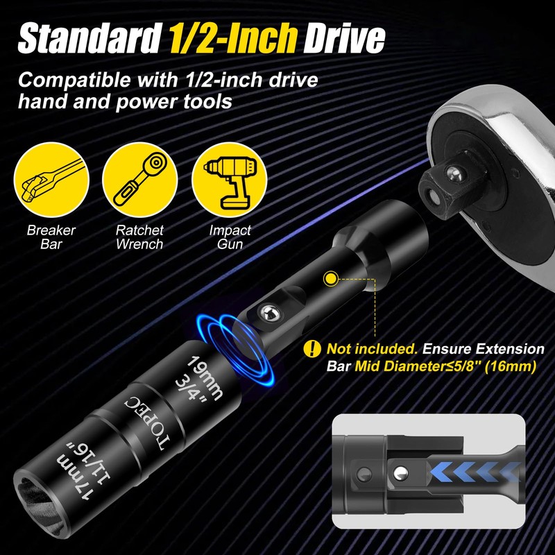 Topec 17mm x 19mm Flip Lug Nut Extractor, 1/2" Drive