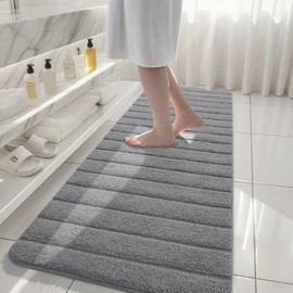 AROGAN Luxury Long Bathroom Runner Rugs, Thick Soft and Absorbent Microfiber Non Slip Bath Mat, Rubber Backing Striped Rug Carpets, Machine Washable Plush Mats for Bathroom Floor, 24x60 Inch Grey