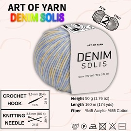 Art of Yarn Denim Solis Variegated Yarn 55% Cotton,45% Poliacrylic,Total 100g(3.52 Oz),320m(348 Yds) Soft Smooth Yarn Sport Fine2 for Crocheting, Knitting, Amigurumi,Blankets,Garments 2 Skein 99956
