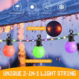 IRISECO Festoon Lights Outdoor,12.5M/41Ft Colored Outdoor Bulb Lights,IP65 Waterproof Festoon Lights,100LED+20 Bulbs,Shatterproof G40 Bulbs for Party Garden Patio Xmas Decor(12 Modes USB)