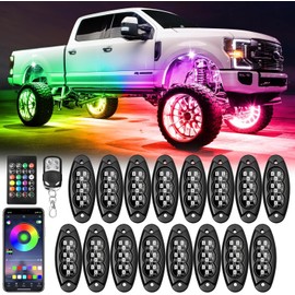 icicar 16 Pods LED Multi Chasing Color Rock Lights, APP/RF Control Waterproof Underglow Music Mode Off Road Exterior Kit with Brake Turn Signal for Trucks Jeep ATV UTV RV Boats