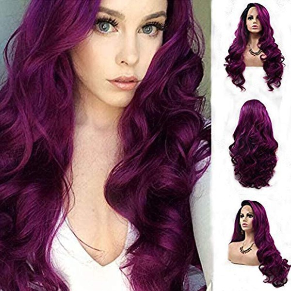 Purple Lace Front Wigs for Women Body Wave Long Synthetic Realistic Hair Wig with Black Roots Glueless Hair Replacement Wigs 24 Inches