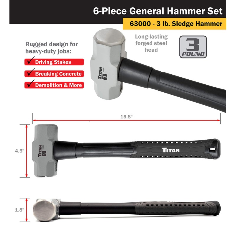 Titan 63136 6-Piece Hammer Set, Includes 16oz & 32oz Ball
