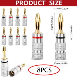 EXQUIMA 8PCS Banana Cable Plugs, 24K Gold Plated 4mm Speaker Connectors, Easy Install Connectors For High Fidelity Sound Systems, Universal Fit For Av Amps & Receivers