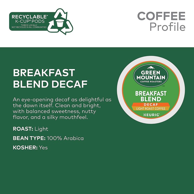 Green Mountain Coffee Decaf Breakfast Blend (Light Roast Coffee), K-Cup