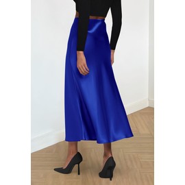 PRETTYGARDEN - Falda midi de satén para mujer, estilo casual, de cintura alta, con vuelos, de verano, Azul Real, S