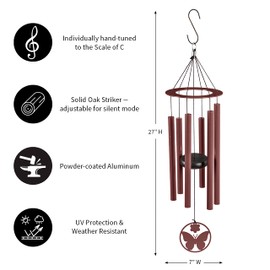 Evergreen Hand Tuned Butterfly Wind Chime for Outside | Scale of C | Deep Tone | Powder-Coated Metal | Red | 27-Inches Tall | Memorial Gift for Home Garden Decoration