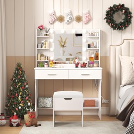 Lifewit Vanity with Mirror and Lights, Adjustable Color/Brightness, 2 Power Outlets/ 2 USB Ports, White Makeup Desk with Storage Stool, 8 Open Shelves, 2 Drawers, 2 Lipstick Holders, Bottom Shelf