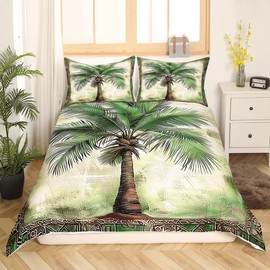 Feelyou Green Palm Tree Print Bedding Set King (No Comforter) Palm Leaf Bedding Duvet Cover Set for Boys Girls Kids Beach Theme Comforter Cover Set Hawaiian Beach Bedspread Cover 3Pcs No Comforter