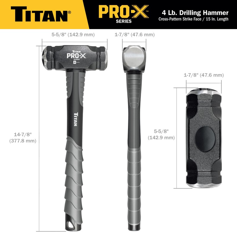 Titan Pro-X 63704 4lb Drilling Hammer, Dual-Face Sledge with Cross-Pattern
