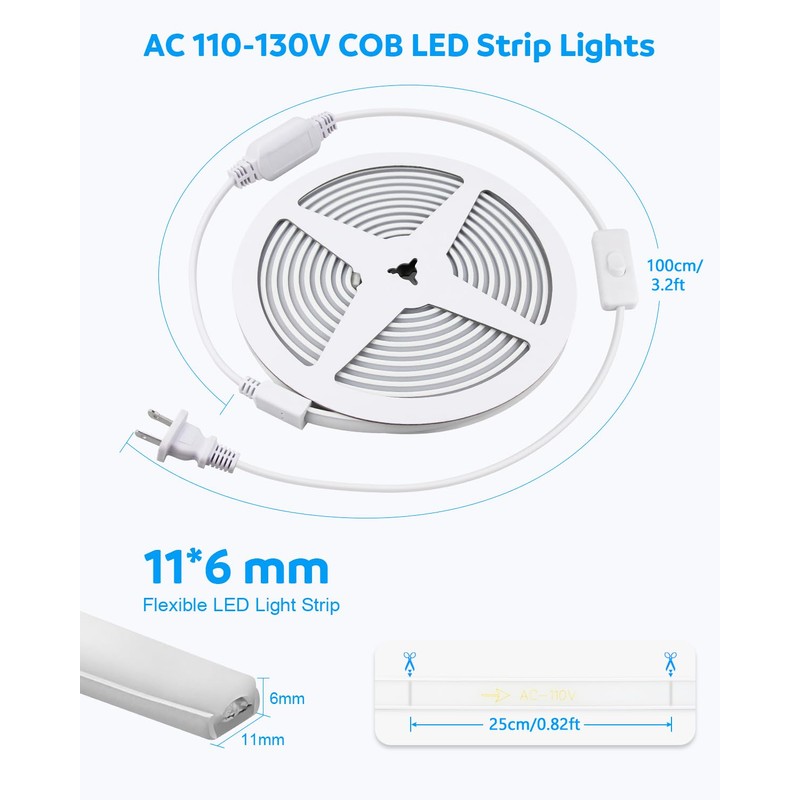 Aclorol COB LED Strip Light 110V 16.4ft/5M Blue LED Strip