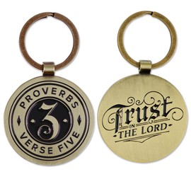 Christian Art Gifts Inspirational Scripture Keychain for Men & Women: Trust in the Lord Encouraging Bible Verse, Stylish Sturdy Round Metal Stamped Keyring Fashion Accessory, Antique Gold & Black