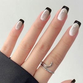 Black French Tip Press on Nails Short Square Fake Nails Cat Eye Acrylic False Nails Glossy Glitter Glue on Nails Nature French Nails Press on Stick on Nails for Women Girls Manicure 24pcs