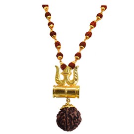 BRO Mart Gold-Plated Brass, Wood Lord Shiv Trishul Damru Locket with Panchmukhi Rudraksha Mala for Men and Women