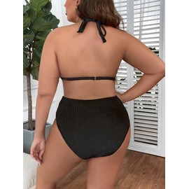 MakeMeChic - Traje de baño de 2 piezas para mujer, talla grande, triángulo, traje de baño de cintura alta, Negro -, X-Large Plus
