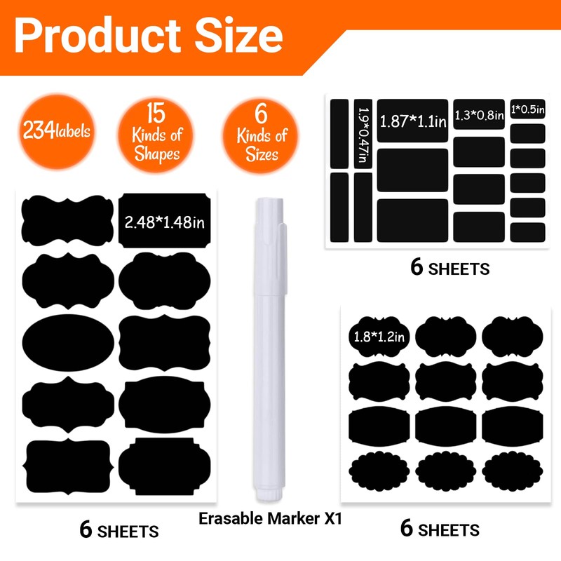 234PCS Removable Black Chalkboard Labels with Marker - Waterproof, No