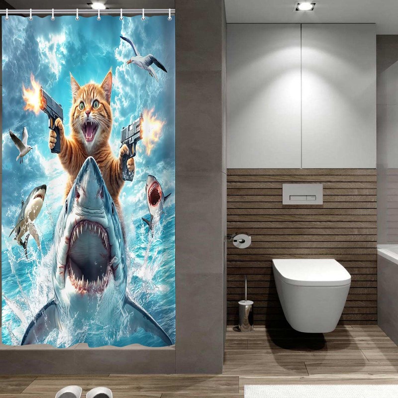 Funny Cat Shower Curtain for Kids, Cute Kitten Riding Shark