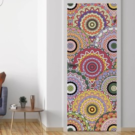 funlife Peel and Stick Door Wallpaper Mural Decal for Bedroom Living Room Aesthetic Overlap Multicolour Mandala Warm Tone 29.92"x78.74"