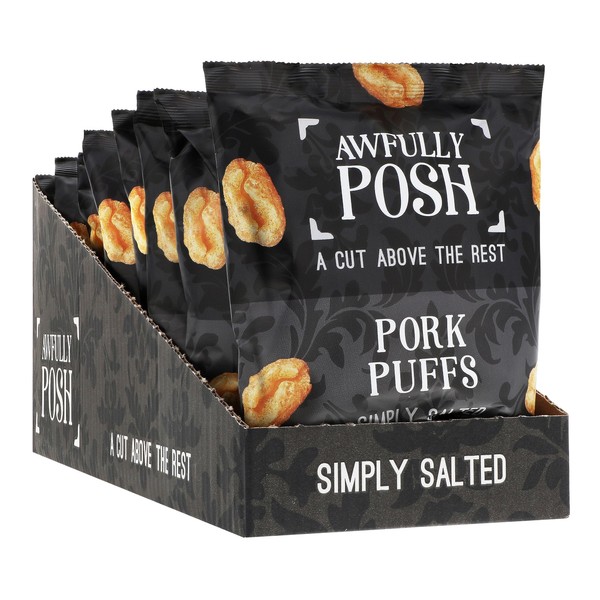 Awfully Posh Pork Puffs (8x30G) | Simply Salted Delightful Pork Puffs Snack | Made Using Prime Cuts, No Nasties | A Bag of Light and Airy Bites of Meaty Goodness | A Cut Above the Rest!
