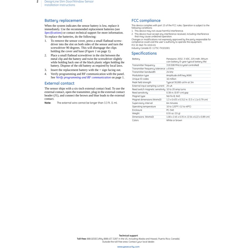 Interlogix TX-1010-01-1 - GE Interlogix DesignLine Wireless Slim Door/Window Alarm