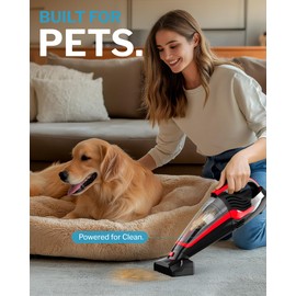 Powools Handheld Vacuum Cordless, Pet Hair, 17 x 4.6 x 6.6 in | Carpet, Couch, Stairs, Motorized Brush, Reusable Filters, Multi Accessories, Red