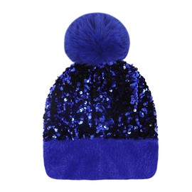 LEOMOSTE Women Girls Winter Sequin Beanie Hat with Faux Fur Pom Pom Knit Skull Cap Light-Blue