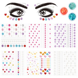 QXUJI 6 Sheets Eye Body Face Gems Jewels, Self-adhesive Rhinestone Makeup Stickers, with 3 Colors Face and Body Glitter Gel, Rhinestone Tattoos for Women, Girls Festival Accessory and Nail Art Decorat