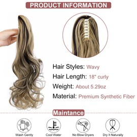 Leterly Ponytail Extension Clip in Claw 18" Curly Wavy Pony Tails Clip-on Long Hairpiece Jaw for Women Ash Blonde Mix Brown
