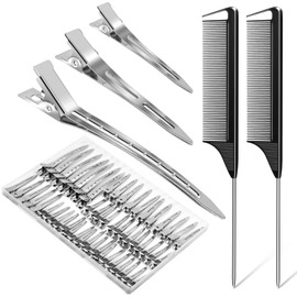 MORGLES 70 Pinzas de Metal para El Pelo con Pico de Pato, 3 Tamaños de Pinzas para El Pelo con 2 Peines de Cola de Rata para Estilistas, Pinzas de Cocodrilo para Lazos para El Pelo, Maquillaje, Seccio