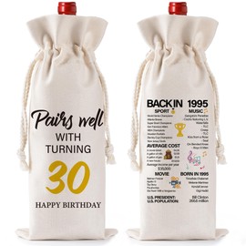 Happy Birthday Wine Bag Gift - Funny Burlap 30th Red Wine Bottle Bag Gifts for Women Men, Ideas 1995 Present with Drawstring for 30 Years Old Birthday Party Decoration