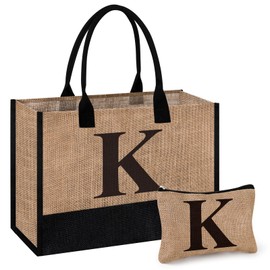 Initial Jute Tote Bag & Makeup Bag, Birthday Gifts for Women Her Mum Teacher, Suitable for Wedding, Beach, Holiday (K)