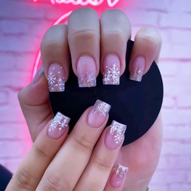 Snowflake Press on Nails Short Square Fake Nails with Silver Glitter Gradient Designs Christmas False Nails Glossy Stick on Nails with Jelly Glue Acrylic Nail Kits for Women Girls 24 Pcs