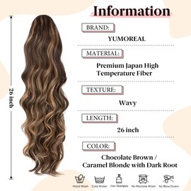 YUMOREAL Drawstring Ponytail Extensions Synthetic Heat Resistant 26inch Long Fluffy Wavy Hairpiece for Women Dark Brown/Golden Blonde