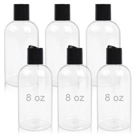 6 Pack 8 oz Empty Plastic Bottles with Black Disc Caps Reusable Clear Leak-Proof Travel Squeeze Containers for Shampoo Conditioner Toiletries Liquid Soap